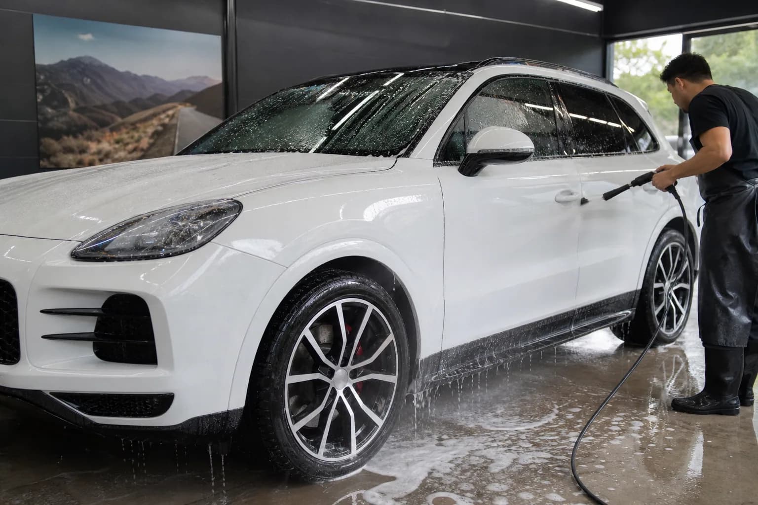 Мойка и подготовка белого автомобиля Georgia Car перед арендой