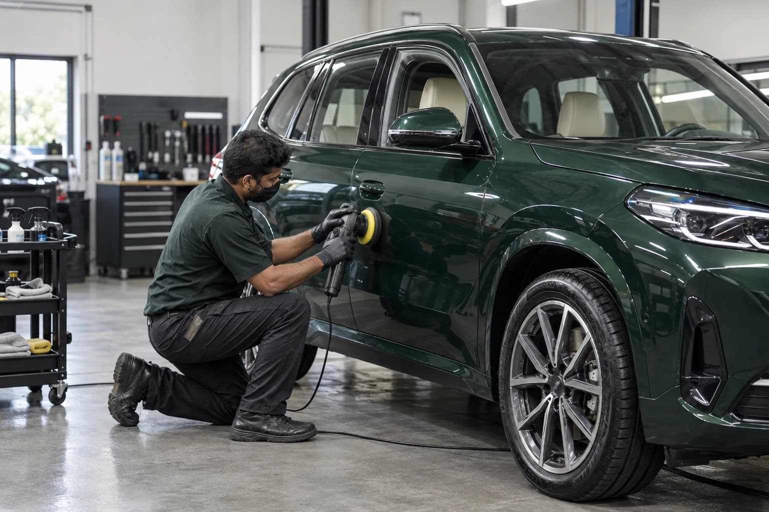 Polishing a green car's bodywork
