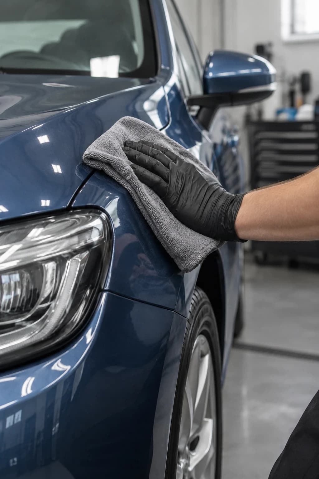 Wiping blue bodywork with a microfibre cloth