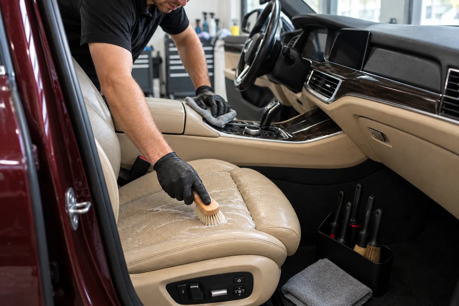 Cleaning a leather seat with a soft brush