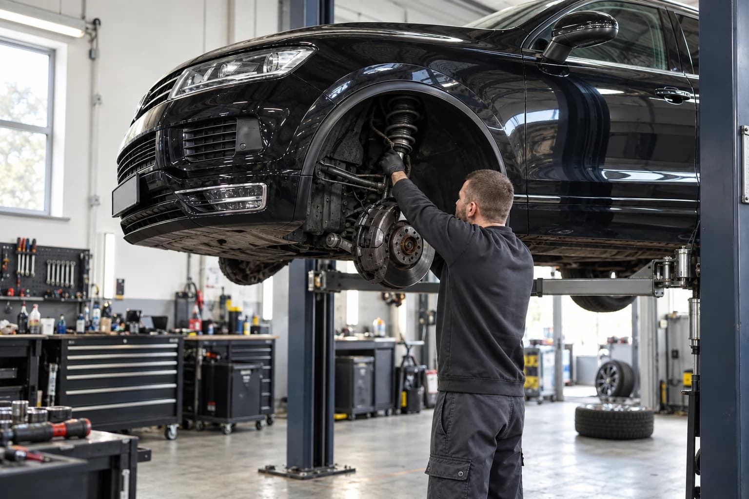 Inspecting brakes and suspension on a lift