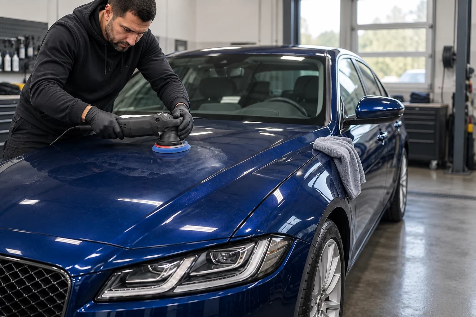 Polishing a blue car's bonnet