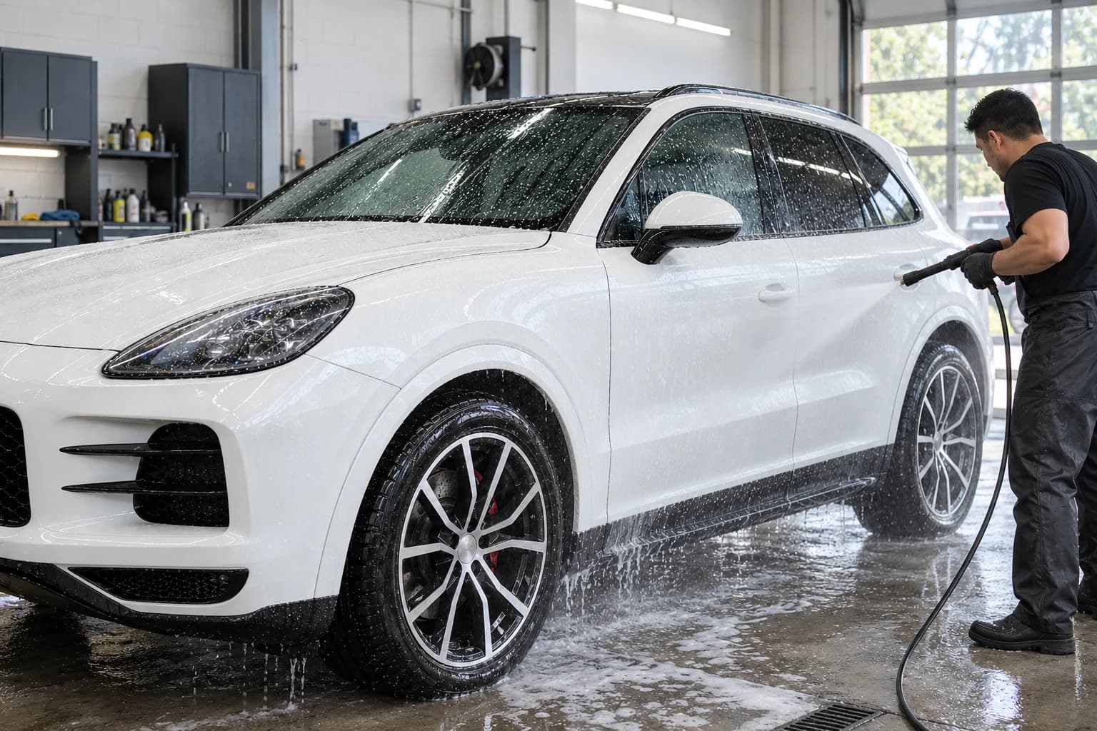Washing a white car in a service bay