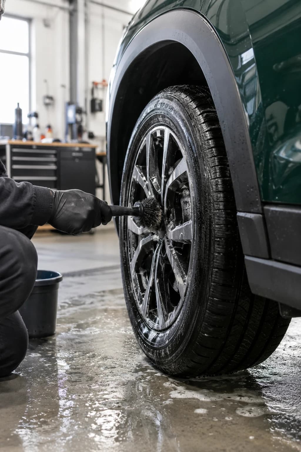 Cleaning a wheel with a detailing brush