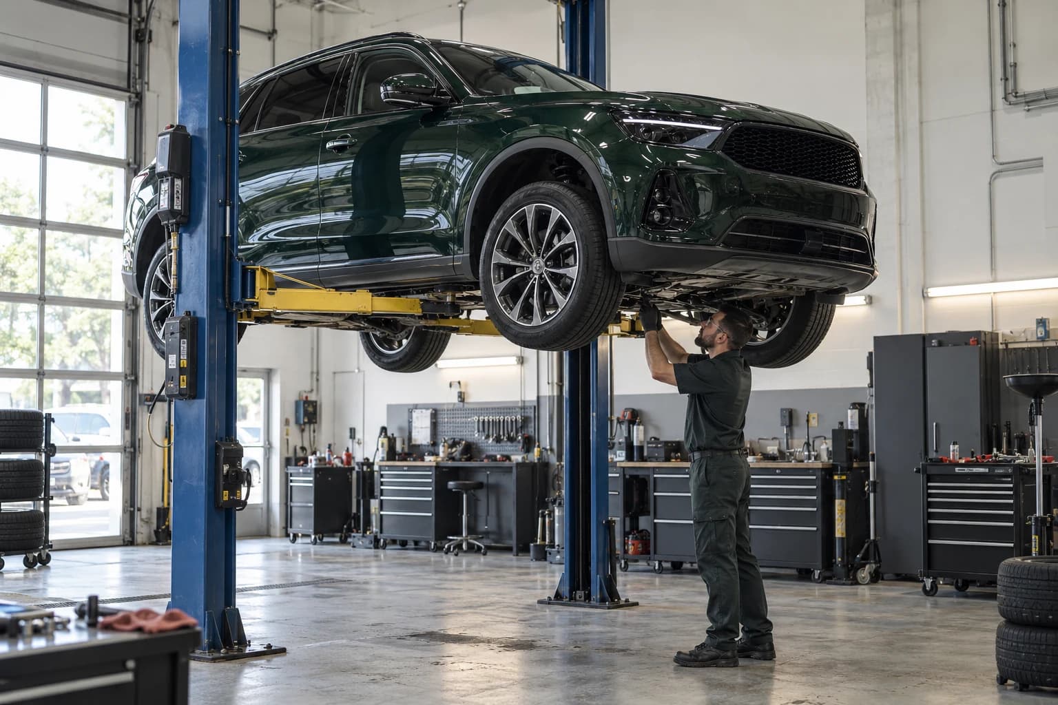 Car inspection on a lift in the workshop